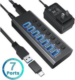 XJYLCPC USB-A Hub, 7 Ports Super High Speed USB 3.0 Hub Splitter with 4*USB 3.0 Smart Charging, Black Smart Fast Charger Powered USB Hub for Laptop, Mac, PC, Mobile HDD, Mulitple Devices