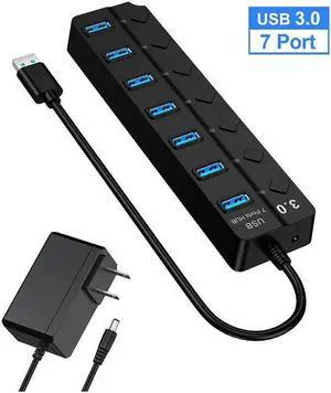XJYLCPC USB hub 3.0,7-Port USB Hub,VEMONT USB Splitter with Individual On/Off Switches and Lights, USB3.0 Extension for Laptop and PC Computer