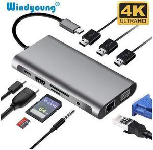 XJYLCPC USB C Hub, USB C Adapter 10 in 1 Type C Adapter,USB-C PD 3.0 with 4K HDMI, RJ45 Ethernet, USB 3.0 Ports, TF/SD Card Reader, VGA, Audio Mic Port for MacBook and Other Type-C Laptops