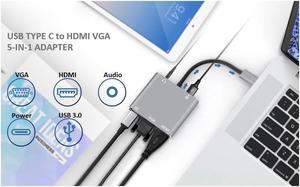 XJYLCPC USB C to HDMI VGA Adapter, 5-in-1 USB C Hub with 4K HDMI,1080P VGA,USB 3.0, 3.5mm Audio Port, 60W USB C PD Charging (Thunderbolt 3)Type C Multiport Adapter for MacBook Pro/Nintendo