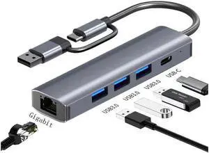 XJYLCPC 5 in 1 USB Hub Ethernet, Portable Multiport Adapter, 2-in-1 USB-C USB 3.0 to HDMI Dock Compatible for MacBook Pro, USB C, 3 USB3.0, 1Gbps LAN USB Dongle for Type C Devices-Mac/iPad Pro