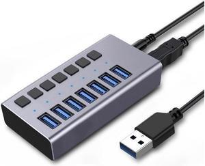XJYLCPC Powered USB Hub - 7 Ports 36W USB 3.0 Data Port Aluminum Housing Individual On/Off Switches 12V/3A Power Adapter, 5Gbps High Speed USB 3.0 Hub for Laptop, PC, Computer, Mobile HDD