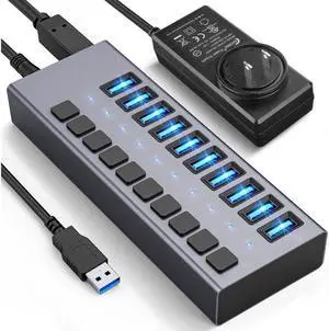 XJYLCPC Powered USB Hub - 10 Ports 48W USB 3.0 Data Port, Aluminum Housing, Individual On/Off Switches, 12V/4A Power Adapter, 5Gbps High Speed, USB 3.0 Hub for Laptop PC Computer Mobile HDD