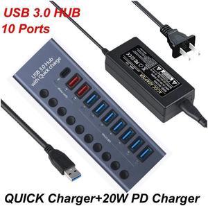 XJYLCPC Powered USB Hub 3.0, 10-Port USB 3.0 Hub, 7 USB 3.0 Data Transmission Ports + 2 Smart Charging Ports + 1 PD Charging Port with Individual On/Off Switches with Power Adapter for Laptop PC