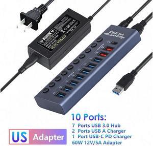 XJYLCPC 10-Port Powered USB 3.0 Hub with 7 USB 3.0 Data Transmission Ports + 2 Smart Charging Ports + 1 PD Charging Port, USB Splitter for Laptop/PC, work for Mouse, Keyboard, Hard Drive