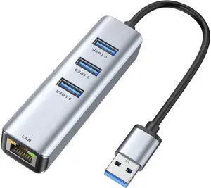XJYLCPC USB 3.0 to Ethernet Adapter, USB-A 3.0 Hub with RJ45 Gigabit Ethernet, 3 USB 3.0 Data Ports, Aluminum USB to LAN Network Adapter Splitter for Laptop and PC, MacBook