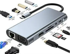 XJYLCPC 11 in 1 USB C Hub Docking Station with 4K HDMI VGA RJ45 USB 3.0 3*USB 2.0 Ports 100W USB-C PD 3.5mm Aux Ports for MacBook/Laptops and More Devices, HDD Xbox Printer Mouse Keyboard
