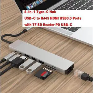 XJYLCPC USB C Hub, 8-in-1 Type C Adapter Mini Docking Station with 4K 30Hz HDMI, 100M Ethernet, 2 USB 3.0, SD/TF Card Reader, 87W Power Delivery, Type-C Port for MacBook Pro and More