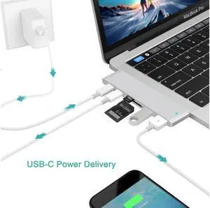 XJYLCPC Dual Type C Hub Adapter, 6 in 1 Aluminum USB C Hub Adapter with 2 USB3.0 Ports, SD/Micro SD Card Reader,2x Type C Charger Port for 2016/2017 MacBook Pro, Google Chromebook (Silver)