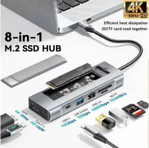 XJYLCPC USB-C Hub with M.2 NVMe SSD Enclosure 8-in-1 Docking Station Hybrid Type-C Multiport Adapter Fits 10 Gbps USB 3.1/USB-A 3.2 100W PD 4K HDMI USB-A SD/TF Card Readers for Windows Mac OS