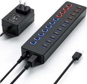 XJYLCPC 11 Ports USB Hub 3.0 Powered, 7 Ports USB Data Hub Splitter and 4 Smart Charging Port and 12V/3A Powered Adapter and ON/Off Switches for MacBook, Mac Pro/Mini, iMac, Surface Pro Laptop/PC