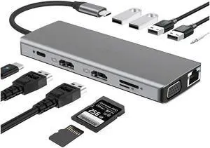 XJYLCPC USB C Hub, Docking Station, 12 in 1 USB C Adapter Dongle with Dual HDMI 4K VGA 1080P 1000Mbps Ethernet PD 3.0 100W 4 USB TF/SD Card Slot, Audio Laptop Docking