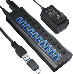 XJYLCPC 10-Port Powered USB 3.0 Hub 48W with 10 USB 3.0 Data Ports with 4 Smart Charging, Aluminum USB Splitter with Individual On/Off Switches for Laptop, Mac, PC, HDD, Mulitple Devices