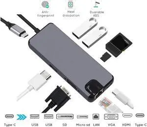 XJYLCPC Type C 8 In 1 Hub with Ethernet RJ45, 4K USB C to HDMI, VGA, 2*USB3.0, SD/TF Card Reader,PD Charge Port for MacBook Pro 2019/2018, iMac 2017, Huawei MateBook, Chromebook Pixel and USB C