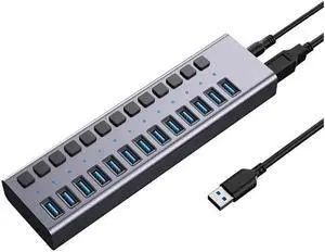 XJYLCPC Powered USB Hub - 16 Ports 90W USB 3.0 Data Port, Aluminum Housing, Individual On/Off Switches 12V/7.5A Power Adapter 5Gbps High Speed USB 3.0 Hub for Laptop PC Computer Mobile HDD