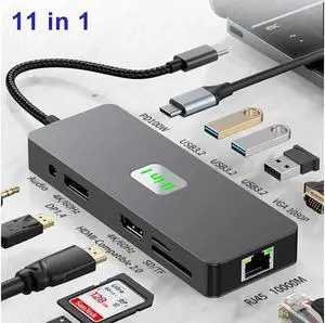 XJYLCPC USB C Hub, Docking Station, 11 in 1 USB C Adapter Dongle with 4K60 HDMI 4K60 DP 1080P VGA 1000Mbps Ethernet PD 3.0 100W 3* 10Gbps USB3.2 TF/SD Card Slot, Audio Laptop Docking