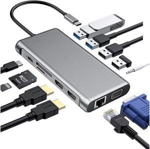 XJYLCPC USB C Triple Monitor Docking Station for Type-C Laptops, 12 in 1 Triple Display USB C Hub Adapter w/2 HDMI 4K+VGA+2 USB3.0+2 USB2.0+100W PD+Ethernet+SD/TF+Audio