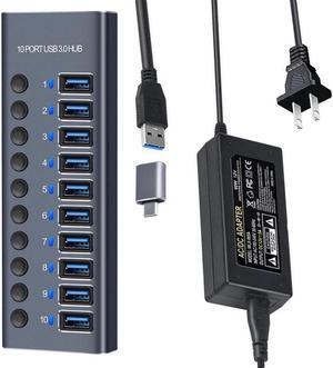 XJYLCPC USB 3.0 SuperSpeed 10-Port Hub [Durable Aluminum] with 60W (12V / 5A) Power Adapter for Laptop/PC, work for Mouse, Keyboard, Hard Drive or More USB Devices
