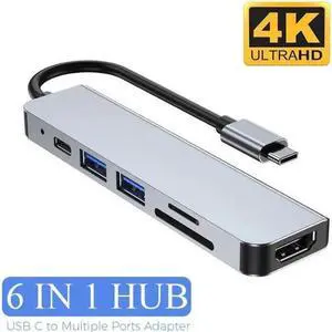 XJYLCPC USB C Hub Type C Multiport Adapter - 6 in 1 Portable Space Aluminum Dongle with 4K HDMI Output, 3 USB 3.0 Ports, SD/TF Card Reader Compatible for MacBook Pro, XPS, Laptop and More