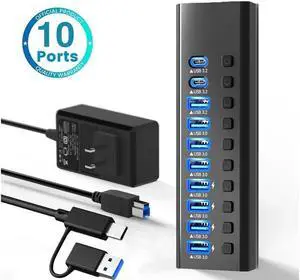 XJYLCPC Powered Hybrid USB-A/C Hub10 Ports 48W Powered USB Hub Aluminum USB Splitter with Individual On/Off Switches and 12V Power Adapter for PC, Laptops, MacBook Pro/Air, iMac,