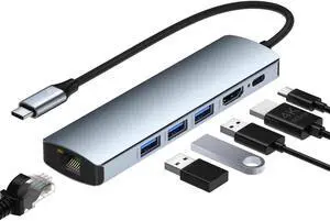 XJYLCPC 6 in 1 USB Hub Ethernet, Portable Multiport Adapter, USB-C to 4K HDMI, 3*USB3.0, 1Gbps LAN, 100W PD Charging Compatible for MacBook Pro and Type C Devices-Mac/iPad Pro