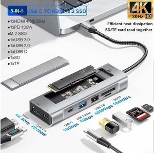 XJYLCPC M.2 NVMe SSD Enclosure Docking Station - 4K HDMI, 100W PD, 10Gbps USB C/USB-A Gen 3.2/3.1, SD/TF, USB2.0 - M.2 Dock - USB-C Hub for Laptop/Mac - Grey