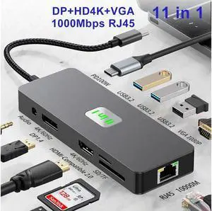 XJYLCPC Triple Monitor USB C Laptop Docking Station, USB C Hub Multiport Adapter Dongle Dock with 4K60Hz HDMI, 4K60Hz DisplayPort, 1080P VGA,100W PD Charging,Ethernet,3*10Gbps USB-A Ports