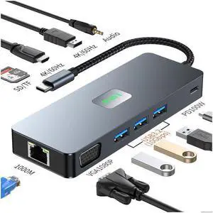 XJYLCPC USB C Docking Station, 11 in 1 USB C Hub Adapter with 4K60 HDMI, 4K60 DisplayPort, VGA, Ethernet, 3*10Gbps USB-A Ports, Audio, 100W PD, SD/TF Card Reader for MacBook Pro Air, XPS, Surface
