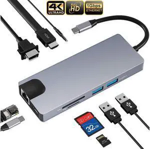 IXJYLCPC USB C Hub 9-in-1 Type C Hub with Gigabit Ethernet Port 2 USB 3.0 Ports SD/TF Card Reader 3.5mm Audio Jack USB-C Power Delivery 4K USB C to HDMI VAG Portable for Mac Pro and Other Type C