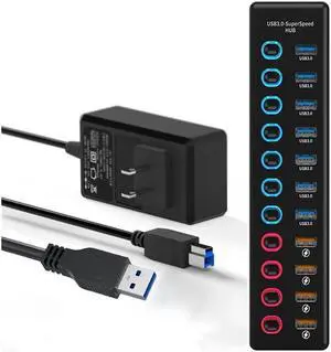 XJYLCPC 11Ports USB Hub 7 Ports Super High Speed Data Ports and 4 Smart Charging Ports USB 3.0 Hub Splitter Black Smart Fast Charger Powered USB Hub for Laptop, Mac PC Mobile HDD Mulitple Devices