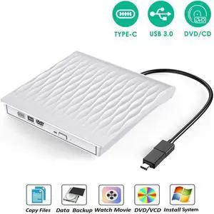 IXJYLCPC Slim Type C External CD Drive, USB 3.0 Portable CD/DVD +/-RW Drive Ultra-Thin DVD/CD ROM Rewriter Burner Compatible with Laptop Desktop PC Windows Linux OS Apple Mac(SLS01, White)
