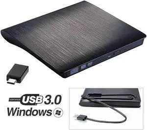 IXJYLCPC XD001 External DVD CD Drive, USB 3.0 Type-C Portable CD/DVD ROM +/-RW Drive/DVD Player Rewriter Burner Compatible with Laptop Desktop PC Windows Apple Mac, Black