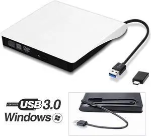 IXJYLCPC XD001 External DVD CD Drive, USB 3.0 Type-C Portable CD/DVD ROM +/-RW Drive/DVD Player Rewriter Burner Compatible with Laptop Desktop PC Windows Apple Mac, White