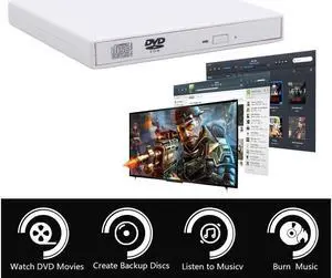 IXJYLCPC External CD Drive, USB 2.0 Optical Drive CD Burner CD/DVD Player Compatible with Windows 7/8/10, for Laptop, Desktop (KBDVD001), White