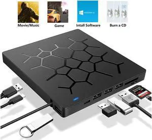 IXJYLCPC External DVD Drive DVD Player with 4 USB Ports and 2 SD Card Slots for Laptop Portable USB Tpye-C CD/DVD+/-RW Drive/DVD Player CD ROM Burner Compatible with Windows Linux OS Apple Mac