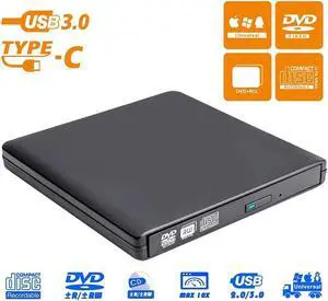IXJYLCPC Aluminum External DVD/CD Drive, USB 3.0 Type-C External DVD CD ROM Burner, Portable DVD Player, CD RW Optical Drive, Compatible with Laptop Desktop PC Windows Linux OS Apple Mac, Black