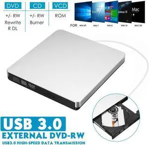 IXJYLCPC USB3.0/USB-C External CD DVD Drive, USB 3.0 Portable CD DVD +/-RW Drive Slim CD DVD ROM Rewriter Burner CD DVD Player for Laptop Desktop MacBook PC Windows Linux Mac Os (Silver)