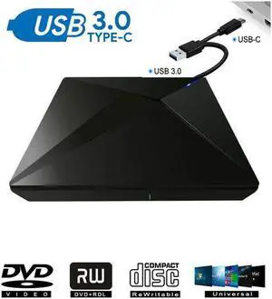 IXJYLCPC Polaris External CD DVD Drive, USB 3.0 and Type-C Portable CD/DVD Player for Laptop CD Drive Reader Writer Burner Compatible with Laptop Desktop PC Windows Linux Apple Mac