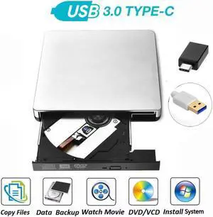 IXJYLCPC USB3.0/USB-C External CD Drive, USB 3.0 Portable CD/DVD +/-RW Drive DVD/CD ROM Rewriter Burner Compatible with Laptop Desktop PC Windows Linux OS Apple Mac