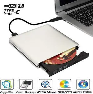 IXJYLCPC Aluminum External DVD Drive, USB 3.0 USB-C Portable CD/DVD+/-RW Drive/DVD Player for Laptop CD ROM Burner Compatible with Laptop Desktop PC Windows Linux OS Apple Mac, Silver