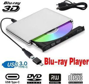 IXJYLCPC Aluminum Slim USB 3.0/Type C External Blu-Ray Player Drive, Portable CD/DVD +/-RW Drive Ultra-Thin DVD/CD ROM Rewriter Burner For Laptop Desktop PC Windows Linux OS Apple Mac, Silver