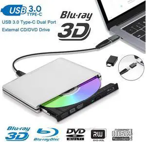 IXJYLCPC External Blu Ray DVD Drive 3D USB 3.0 and Type-C Bluray DVD CD RW Row Burner Player Rewriter Compatible for MacBook OS Windows 7 8 10 PC iMac - Silver