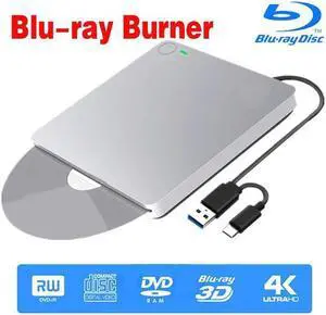 IXJYLCPC External Blu-Ray Burner Drive with One Touch Pop up for Laptop, Portable High-Speed USB-C&USB 3.0 CD Burner/DVD Reader Writer for PC Desktops, Compatible with Windows/Mac OSX/Linux (XD055BD)