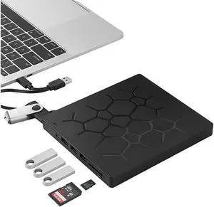 IXJYLCPC Multifunct External DVD Drive with 4 USB Ports and 2 SD Card Slots, USB 3.0 Type C CD/DVD Player, Portable Optical Burner Writer Rewriter, High Speed Data Transfer for MAC OS Windows 7/8/10