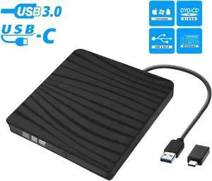 IXJYLCPC BT689 External CD DVD Drive, USB 3.0 with Type-C adapter Slim Protable External CD-RW Drive DVD-RW Burner Writer Player for Laptop Notebook PC Desktop Computer, Black