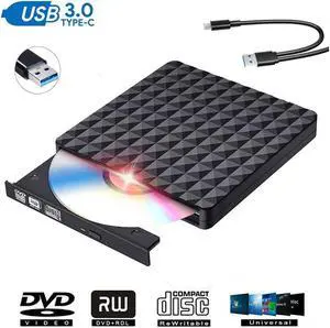 IXJYLCPC External DVD Drive, USB 3.0&Type-C Dual Port DVD Player, Portable Optical Burner Writer Rewriter, High Speed Data Transfer for Laptop Notebook Desktop PC MAC OS Windows, Diamond Pattern