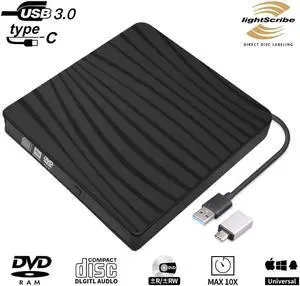 IXJYLCPC BT689 USB 3.0/Type-C External CD DVD Drive, Portable DVD/CD ROM +/-RW Drive Burner Rewriter for Windows 10/8/7, Mac, Linux Laptop Desktop, MacBook Pro/ Air, iMac