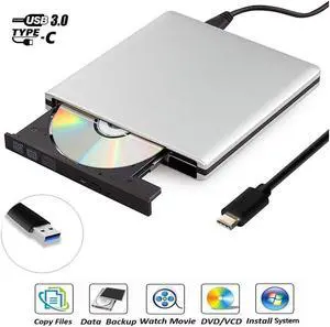 IXJYLCPC Aluminum External CD Drive, USB 3.0 O Type C Dual Port DVD Burner CD DVD Rewriter Burner Writer Compatible with Windows XP/7/8/10, MacOS, Linux for MacBook, Laptop, Desktop, Silver
