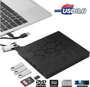 IXJYLCPC Multifunct External CD DVD Drive with 4 USB Ports and 2 SD Card Slots,7 -in-1 USB 3.0/Type-C Slim Protable External CD-RW Drive DVD-RW Burner Writer Player for Laptop Notebook PC