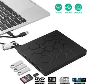 IXJYLCPC 2022 New External DVD Drive USB 3.0/Type-C Portable Pop-up CD/DVD+/-RW Burner Player USB C Superdrive CD ROM with 4 USB Ports and 2 SD Card Slots for Laptop Mac MacBook Pro Air PC